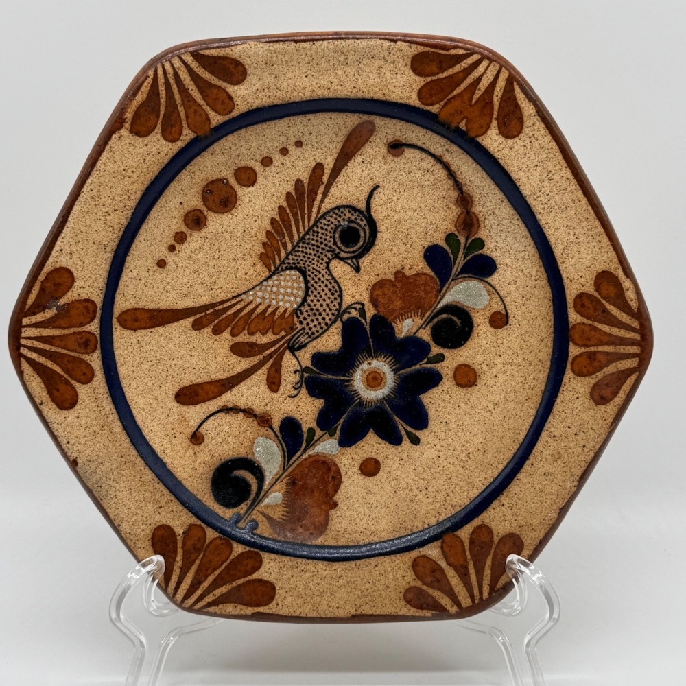 Vintage Tonala Mexican Pottery Hexagonal Plate Bird Hand Painted Signed 8.5"